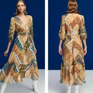 Nocturne Boho Print Long Sleeve Plunge Tiered Maxi Dress | Prairie Cottagecore